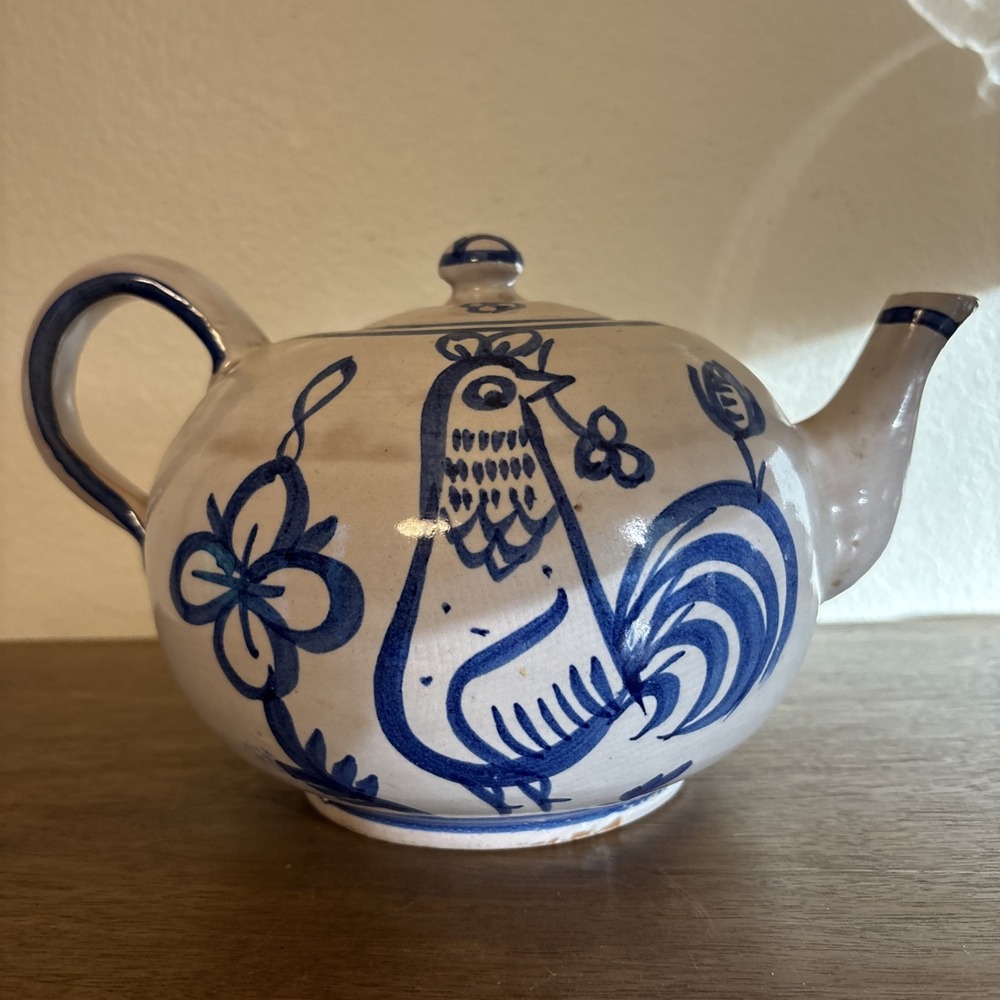Vintage C.A.S. Vietri Italy Hand Painted Pottery Large Teapot Rustic Rooster
